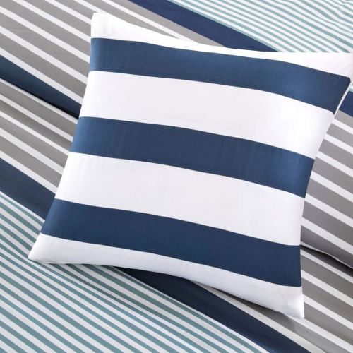  OSD 5 Piece Boys Navy Blue White Grey Stripes Comforter Full Queen Set, Horizontal Gray Striped Bedding Rugby Stripe Sports Themed Nautical Pattern Modern Lines Pattern Dorm College, P