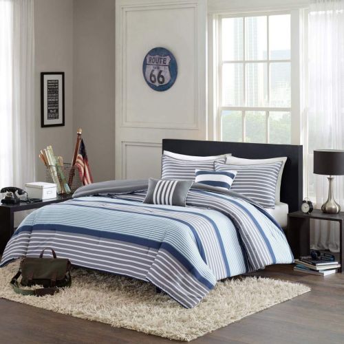  OSD 5 Piece Boys Navy Blue White Grey Stripes Comforter Full Queen Set, Horizontal Gray Striped Bedding Rugby Stripe Sports Themed Nautical Pattern Modern Lines Pattern Dorm College, P