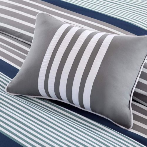  OSD 5 Piece Boys Navy Blue White Grey Stripes Comforter Full Queen Set, Horizontal Gray Striped Bedding Rugby Stripe Sports Themed Nautical Pattern Modern Lines Pattern Dorm College, P