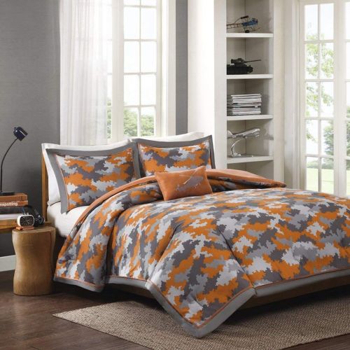  OSD 3pc Kids Boys Grey Orange Camouflage Comforter Twin/Twin XL Set, Polyester, Army Camo Bedding Light Gray Colors Military Pattern Abstract Helicopter Pillow Teen Childrens