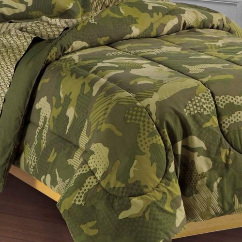  OSD 5pc Boys Green Camouflage Theme Comforter Twin Set, Solid Tree Grass Olive, Kids Fun Dot Hunting Themed Pattern, Stylish Camo Army Hunter Outdoor Bedding