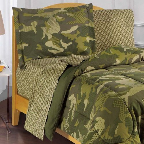  OSD 5pc Boys Green Camouflage Theme Comforter Twin Set, Solid Tree Grass Olive, Kids Fun Dot Hunting Themed Pattern, Stylish Camo Army Hunter Outdoor Bedding