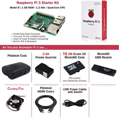  OSOYOO Raspberry Pi 3 Starter Kit RPi 3 Model B Board 16GB TF Card 5V 2.5A US Version Power Adapter with USB Cable HDMI Cable Reader Fan