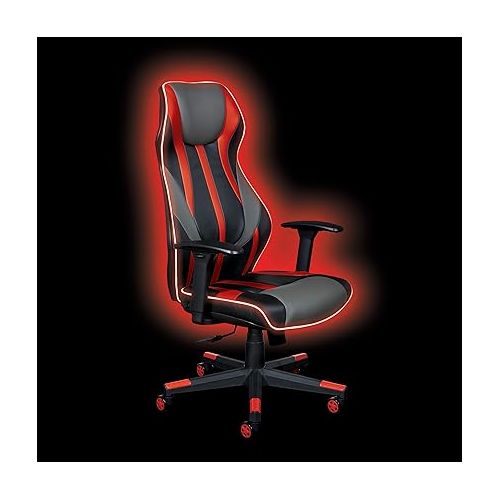  OSP Home Furnishings Gigabyte High-Back LED Lit Gaming Chair, Black Faux Leather with Red Trim and Accents