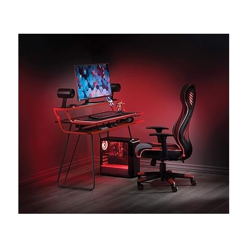  OSP Home Furnishings Gigabyte High-Back LED Lit Gaming Chair, Black Faux Leather with Red Trim and Accents