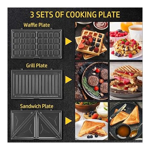  OSTBA 3 in 1 Sandwich Maker Panini Press Waffle Iron Set with 3 Removable Non-Stick Plates, 750W Toaster Perfect for Sandwiches Grilled Cheese Steak, Black