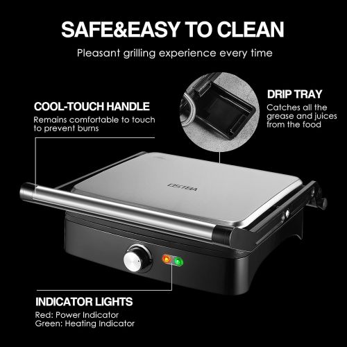  OSTBA Panini Press Grill Indoor Grill Sandwich Maker with Temperature Control, 4 Slice Non-stick Versatile Grill, Opens 180 Degrees to Fit Any Type or Size of Food, Removable Drip