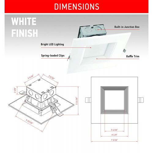  OSTWIN (4 Pack) 6 inch IC Rated Square LED Ceiling Recessed Downlight Kit With Junction box, Baffle Trim, Dimmable, 15W (120Watt Repl) 5000K Daylight, 1000Lm. No Can Needed ETL and