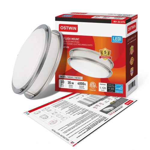  OSTWIN 10 (4 Pack) Ceiling Light Fixture Flush Mount, Double Ring LED Light, Dimmable, 16 Watt (100W Repl) 4000K Bright light, 1120 Lm, Nickel Finish with Acrylic shade ETL and ENE