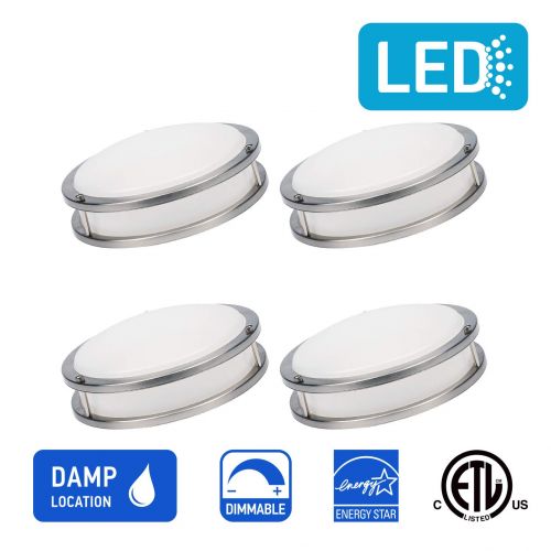  OSTWIN 10 (4 Pack) Ceiling Light Fixture Flush Mount, Double Ring LED Light, Dimmable, 16 Watt (100W Repl) 4000K Bright light, 1120 Lm, Nickel Finish with Acrylic shade ETL and ENE