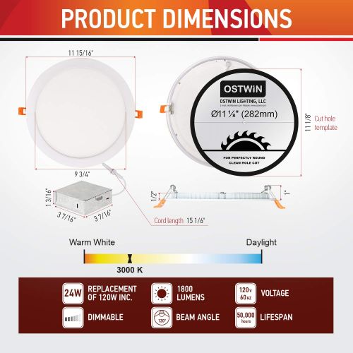  OSTWIN 12 inch 24W (120 Watt Repl.) IC Rated LED Recessed Low Profile Slim Round Panel Light with Junction Box, Dimmable, 3000K Warm Light 1800 Lm. No Can Needed, 4 Pack ETL & Ener