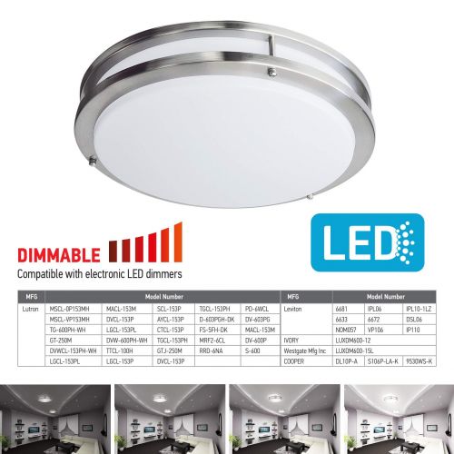  OSTWIN 16-inch Large size LED Ceiling Light Fixture Flush Mount, Dimmable, Round 24 Watt (125W Repl) 4000K Bright light, 1700 Lm, Nickel Finish with Acrylic shade UL and ENERGY STA