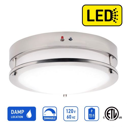  OSTWIN 12 Inch LED Flush Mount Ceiling Light with Emergency Battery Backup, Dimmable, Round 15 W (100W Repl), 1050 Lm, 3000K Warm Light, Nickel Finish with Acrylic Shade, ETL Liste