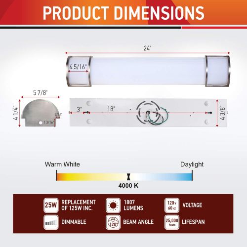  OSTWIN 24 Inch Dimmable LED Linear Bath Vanity Light Bar, Modern Bathroom Vanity Light Fixture 25W 4000K Bright Light, Vertical or Horizontal Tube, Brushed Nickel Finish, ETL&Energ