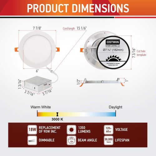  OSTWIN 8 inch 18W (90 Watt Repl.) IC Rated LED Recessed Low Profile Slim Round Panel Light with Junction Box, Dimmable, 3000K Warm Light 1350 Lm. No Can Needed, 4 Pack ETL & Energy