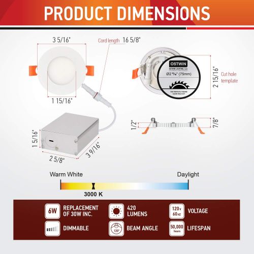  OSTWIN 3 inch 6W (30 Watt Repl.) IC Rated LED Recessed Low Profile Slim Round Panel Light with Junction Box, Dimmable, 3000K Warm Light 420 Lm, 12 Pack No Can Needed ETL & Energy S