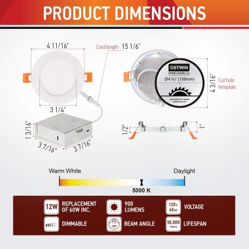  OSTWIN 4 inch 12W (60 Watt Repl.) IC Rated LED Recessed Low Profile Slim Round Panel Light with Junction Box, Dimmable, 5000K Daylight 900 Lm. No Can Needed (12 Pack) ETL & Energy