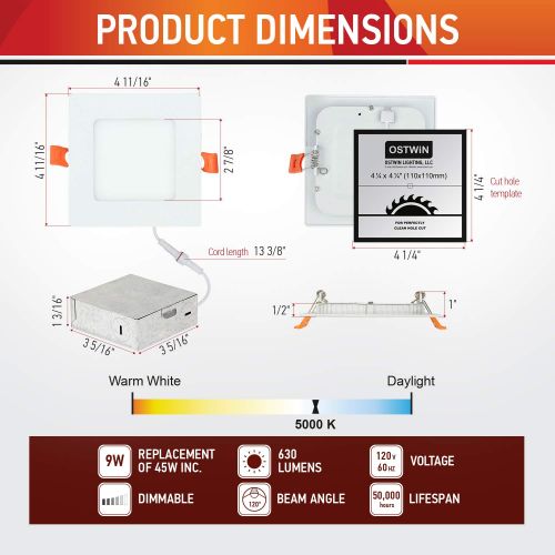  OSTWIN (4 Pack) 4 inch 9W (45 Watt Repl.) IC Rated LED Recessed Low Profile Slim Square Panel Light with Junction Box, Dimmable, 5000K Daylight 630 Lm. No Can Needed ETL & Energy S