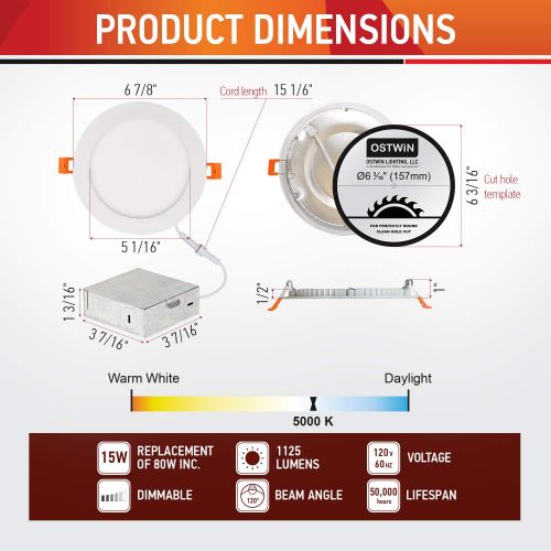  OSTWIN 6 inch 15W (80 Watt Repl.) IC Rated LED Recessed Low Profile Slim Round Panel Light with Junction Box, Dimmable, 5000K Daylight 1125 Lm. No Can Needed (12 Pack) ETL & Energy