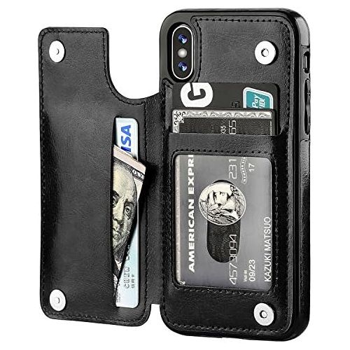  [아마존베스트]iPhone Xs iPhone X Wallet Case with Card Holder,OT ONETOP Premium PU Leather Kickstand Card Slots Case,Double Magnetic Clasp and Durable Shockproof Cover(Black)