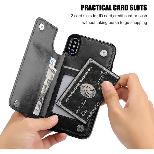  [아마존베스트]iPhone Xs iPhone X Wallet Case with Card Holder,OT ONETOP Premium PU Leather Kickstand Card Slots Case,Double Magnetic Clasp and Durable Shockproof Cover(Black)