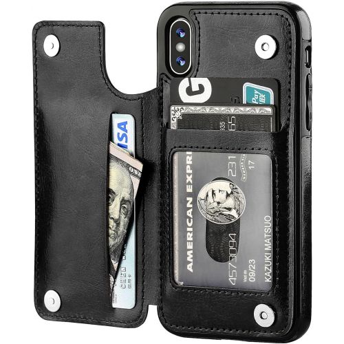  [아마존베스트]iPhone Xs iPhone X Wallet Case with Card Holder,OT ONETOP Premium PU Leather Kickstand Card Slots Case,Double Magnetic Clasp and Durable Shockproof Cover(Black)