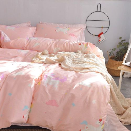  [아마존베스트]OTOB Twin Unicorn Duvet Cover Sets Cotton Bed, Kids Teen Bedding Sets Twin Size for Girls Toddler with (1 Comforter Cover 2 Pillow Shams), Lightweight Striped, Cartoon Cloud Print,