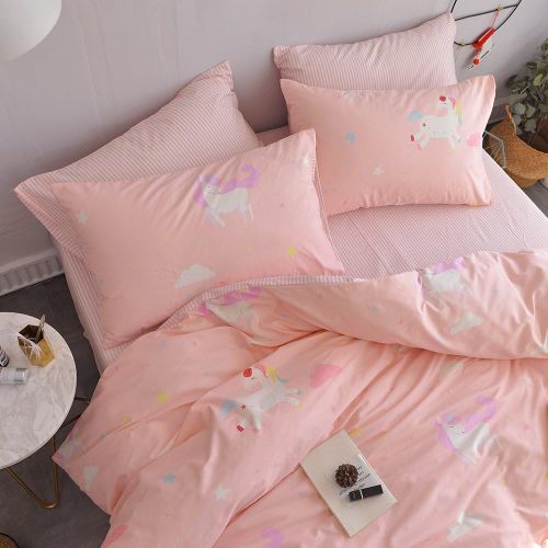  [아마존베스트]OTOB Twin Unicorn Duvet Cover Sets Cotton Bed, Kids Teen Bedding Sets Twin Size for Girls Toddler with (1 Comforter Cover 2 Pillow Shams), Lightweight Striped, Cartoon Cloud Print,