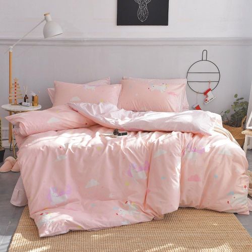  [아마존베스트]OTOB Twin Unicorn Duvet Cover Sets Cotton Bed, Kids Teen Bedding Sets Twin Size for Girls Toddler with (1 Comforter Cover 2 Pillow Shams), Lightweight Striped, Cartoon Cloud Print,