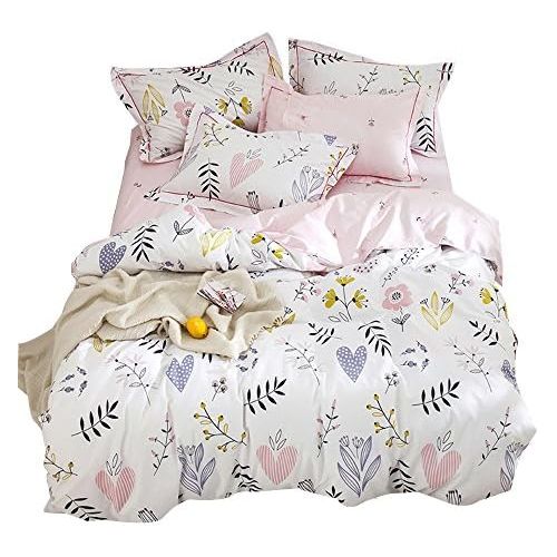  [아마존베스트]OTOB Soft Cartoon Plant Flower Print Girls Twin Bedding Duvet Cover Sets Cotton 100 Percent for Kids Toddler Teen Women Colorful Floral Reversible Love Teen Bedding Sets Twin Pink