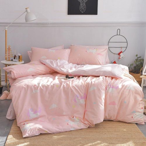  [아마존베스트]OTOB Cotton Lightweight, Zipper Closure, Corner Ties Duvet Cover Sets(1 Duvet Cover, 2 Pillowshams), Striped, Twin, Pink