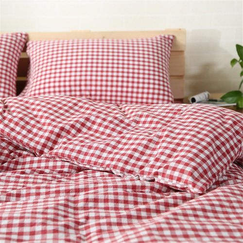  OTOB 3 Pieces Cotton Bedding Duvet Cover Set Red Plaid Printed Reversible Simple Grid Gingham Pattern Bedding Set for Kids Girls Teen Adults,Lightweight,Breathable,Soft Cozy(Full/Queen,