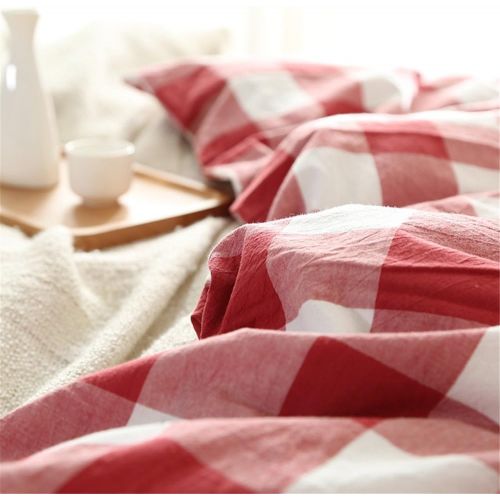  OTOB Lightweight Red Plaid Full Size Bedding Sets Collections Reversible Gingham Checkered Grid Geometric Queen Duvet Cover Set Cotton with 2 Pillowcases Zipper Closure for Teens G