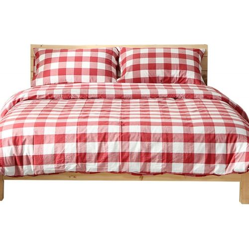  OTOB Lightweight Red Plaid Full Size Bedding Sets Collections Reversible Gingham Checkered Grid Geometric Queen Duvet Cover Set Cotton with 2 Pillowcases Zipper Closure for Teens G