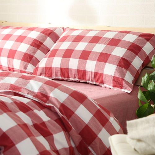  OTOB Lightweight Red Plaid Full Size Bedding Sets Collections Reversible Gingham Checkered Grid Geometric Queen Duvet Cover Set Cotton with 2 Pillowcases Zipper Closure for Teens G