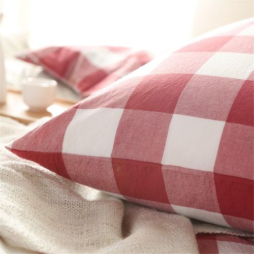  OTOB Lightweight Red Plaid Full Size Bedding Sets Collections Reversible Gingham Checkered Grid Geometric Queen Duvet Cover Set Cotton with 2 Pillowcases Zipper Closure for Teens G