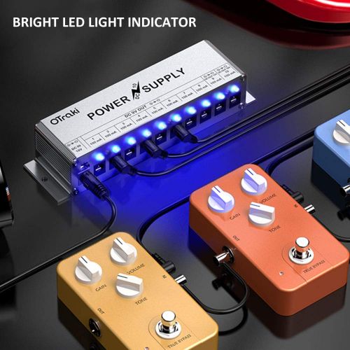  OTraki 9V Guitar Pedals Power Supply 10 Ports DC 18V/12V/9V 100mA/500mA 3Way Universal Individual Output Effect Pedal Board Power Supplies Brick with Short Circuit and Over Current