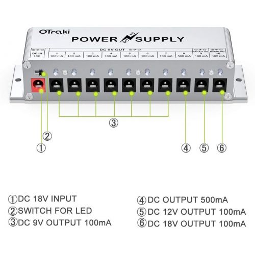  OTraki Guitar Pedal Power Supply 10 DC Output 18V 12V 9V 100mA 500mA Individual Effect Pedal Board Power Supplies with Smart Short Circuit and Over Current Protection