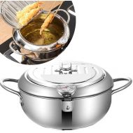 OUEEGER Stainless Steel Deep Fryer, 9.5 Inch Temperature Control Fryer with Lid and Oil Drip Rack, Tempura Frying Pot for Kitchen Cooking (3.2L/304)