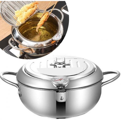  OUEEGER Stainless Steel Deep Fryer, 9.5 Inch Temperature Control Fryer with Lid and Oil Drip Rack, Tempura Frying Pot for Kitchen Cooking (3.2L/304)
