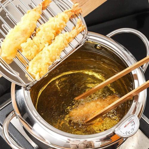  OUEEGER Stainless Steel Deep Fryer, 9.5 Inch Temperature Control Fryer with Lid and Oil Drip Rack, Tempura Frying Pot for Kitchen Cooking (3.2L/304)
