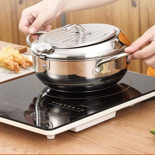  OUEEGER Stainless Steel Deep Fryer, 9.5 Inch Temperature Control Fryer with Lid and Oil Drip Rack, Tempura Frying Pot for Kitchen Cooking (3.2L/304)