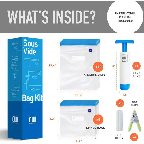  OUII Sous Vide Bags for Joule and Anova Cookers - 15 Reusable BPA-Free Sous Vide Bags with Vacuum Hand Pump in Various Sizes -Vacuum Sealer Bags Food Storage Freezer Safe - Fits An