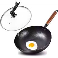 OUKANING Iron Nonstick Wok with Lid, 12.6 Inch Nonstick Frying Pan Fry Pan Saute Pan, Beech Handle for Electric, Induction and Gas Stoves