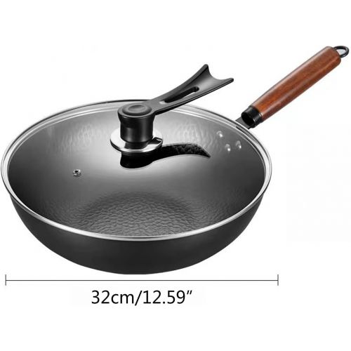  OUKANING Iron Nonstick Wok with Lid, 12.6 Inch Nonstick Frying Pan Fry Pan Saute Pan, Beech Handle for Electric, Induction and Gas Stoves