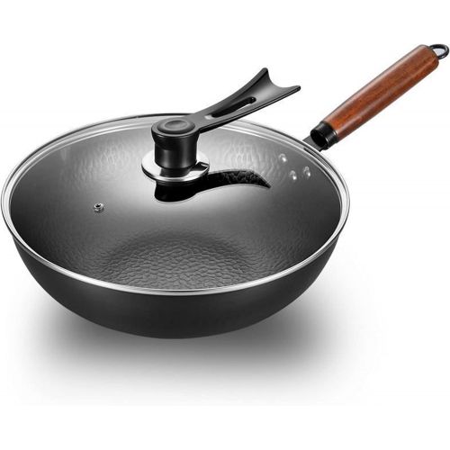  OUKANING Iron Nonstick Wok with Lid, 12.6 Inch Nonstick Frying Pan Fry Pan Saute Pan, Beech Handle for Electric, Induction and Gas Stoves