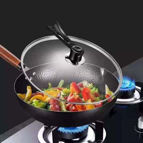  OUKANING Iron Nonstick Wok with Lid, 12.6 Inch Nonstick Frying Pan Fry Pan Saute Pan, Beech Handle for Electric, Induction and Gas Stoves