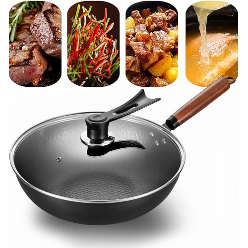  OUKANING Iron Nonstick Wok with Lid, 12.6 Inch Nonstick Frying Pan Fry Pan Saute Pan, Beech Handle for Electric, Induction and Gas Stoves