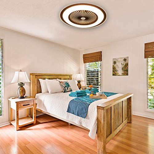  OUKANING Low Profile Ceiling Fan with Light，Enclosed Ceiling Fan, with Remote Control, Dimmable Adjustable Wind Speed, Modern Bedroom (23 inch) (brown)