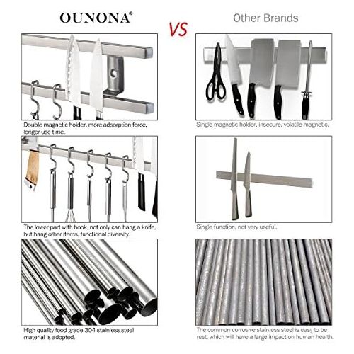  [아마존베스트]OUNONA Stainless Steel Magnetic Knife Holder Magnetic Strip Magnetic Wall Mounted Knife Rack with 6 Removable Hooks